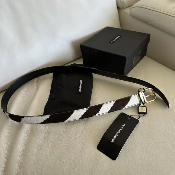 NEW Dolce & Gabbana Brown White Zebra Pony Hair Gold Buckle Women's Belt 90 Cm - Picture 4 of 10
